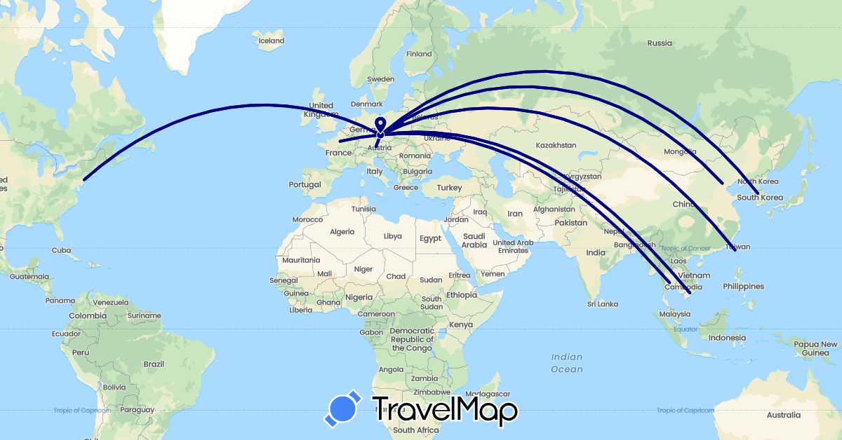 TravelMap itinerary: driving in Austria, China, Czech Republic, Germany, France, South Korea, Poland, Thailand, Taiwan, United States, Vietnam (Asia, Europe, North America)